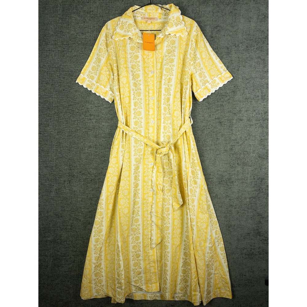 NWT La Maregold Floral Stripe Midi Dress Womens L Yellow Cottagecore Scallop Hem